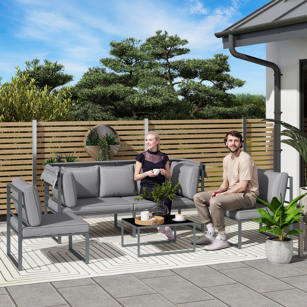 Salon de jardin extérieur 4 pièces modulaire avec canapé 3 places, 2 chaises et table basse en verre trempé, coussins inclus, mobilier de jardin terrasse veranda, gris