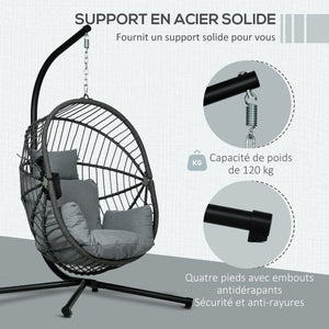 Fauteuil suspendu, fauteuil œuf suspendu, chaise hamac balançoire - panier pliable, coussin rembourré, poche, oreiller, chaise suspendue cocooning intérieur et extérieur, gris