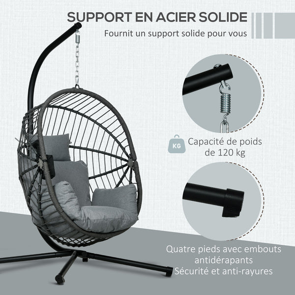 Fauteuil suspendu, fauteuil œuf suspendu, chaise hamac balançoire - panier pliable, coussin rembourré, poche, oreiller, chaise suspendue cocooning intérieur et extérieur, gris