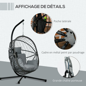 Fauteuil suspendu, fauteuil œuf suspendu, chaise hamac balançoire - panier pliable, coussin rembourré, poche, oreiller, chaise suspendue cocooning intérieur et extérieur, gris