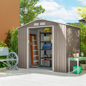 Abri de jardin en métal 2,77 m² cabane de jardin 213 x 130 x 185 cm cabanon rangement outils avec kit de fondation, porte coulissante verrouillables et 4 aérations - marron clair