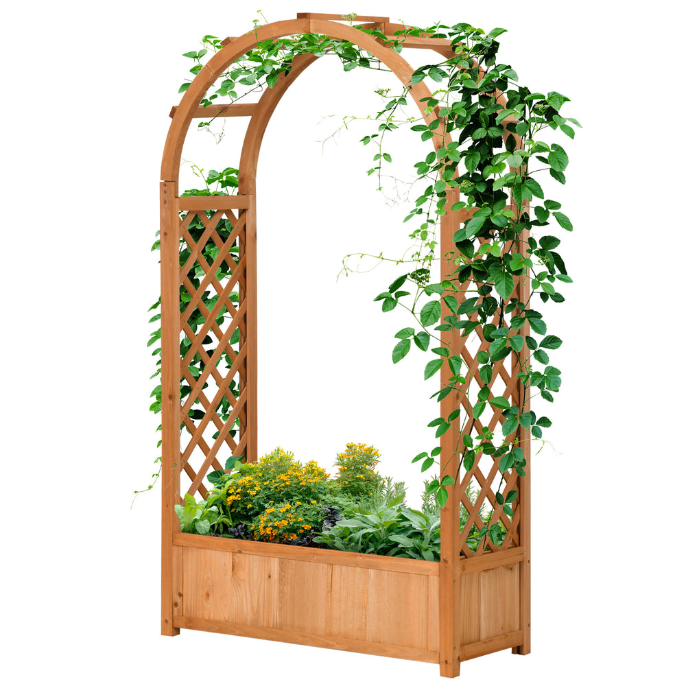 Jardinière rectangulaire sur pied avec treillis et arche - 83 x 36 x 152 cm - fond à lattes - bois sapin pré-huilé