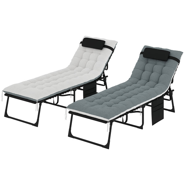 Lot de 2 bain de soleil, chaise longue pliante en textilène, transat jardin extérieur inclinable, coussin, appui-tête, poche latérale, pour patio, piscine, terrasse, 60x190x31cm, gris et noir