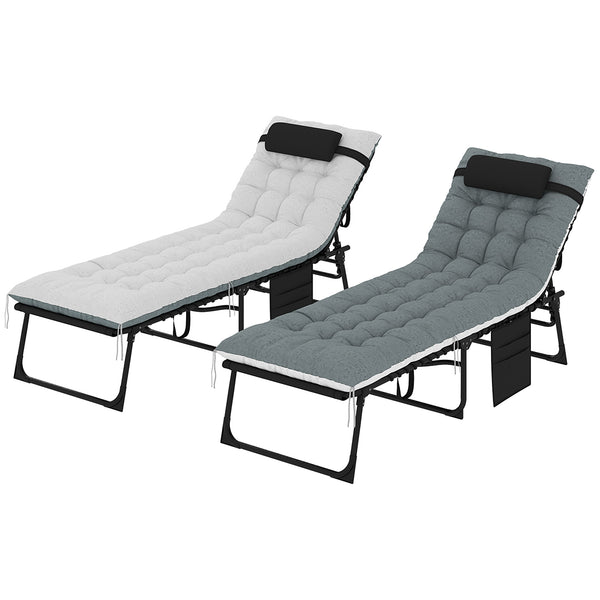Lot de 2 bain de soleil, chaise longue pliante en textilène, transat jardin extérieur inclinable, coussin, appui-tête, poche latérale, pour patio, piscine, terrasse, 60x190x31cm, gris et noir