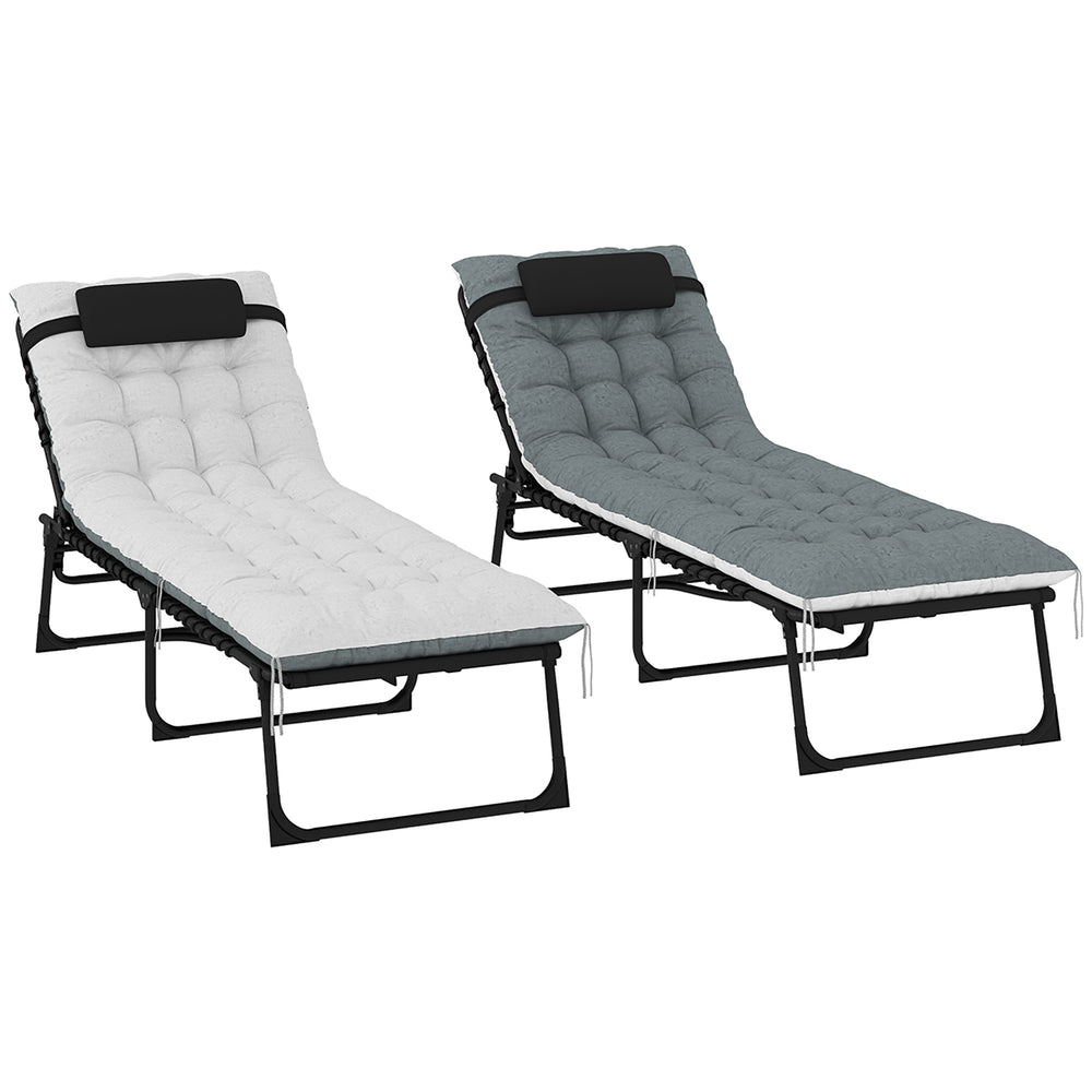 Lot de 2 bain de soleil, chaise longue pliante en textilène, transat jardin extérieur inclinable, coussin, appui-tête, poche latérale, pour patio, piscine, terrasse, 60x190x31cm, gris et noir