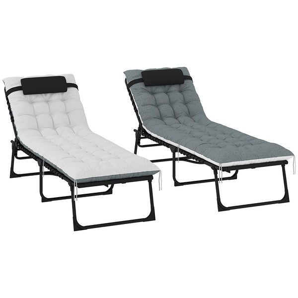 Lot de 2 bain de soleil, chaise longue pliante en textilène, transat jardin extérieur inclinable, coussin, appui-tête, poche latérale, pour patio, piscine, terrasse, 60x190x31cm, gris et noir