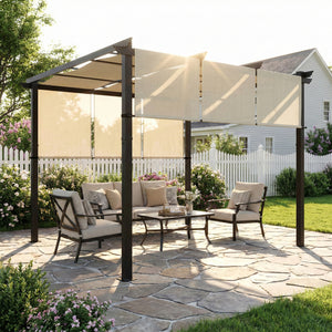 Pergola avec 3 toiles coulissantes 3 x 3 x 2,38 m structure acier noir toile polyester haute densité beige