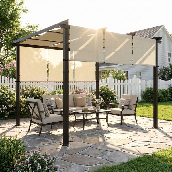 Pergola avec 3 toiles coulissantes 3 x 3 x 2,38 m structure acier noir toile polyester haute densité beige