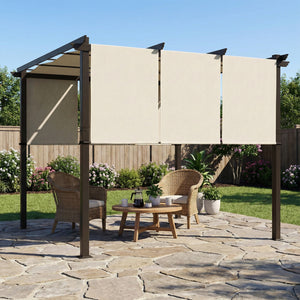 Pergola avec 3 toiles coulissantes 3 x 3 x 2,38 m structure acier noir toile polyester haute densité beige