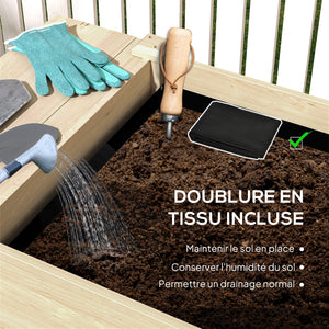 Jardinière sur pieds, carré potager de jardin sur pieds, 2 bacs avec séparateur, tablette pliable et étagère inférieure, potager surélevé en bois pour fleurs, 207 x 59 x 78 cm, bois naturel