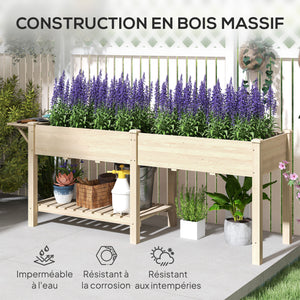 Jardinière sur pieds, carré potager de jardin sur pieds, 2 bacs avec séparateur, tablette pliable et étagère inférieure, potager surélevé en bois pour fleurs, 207 x 59 x 78 cm, bois naturel