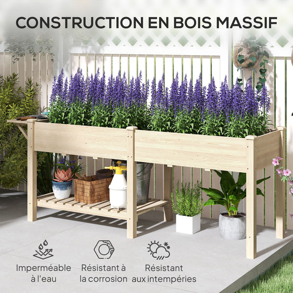 Jardinière sur pieds, carré potager de jardin sur pieds, 2 bacs avec séparateur, tablette pliable et étagère inférieure, potager surélevé en bois pour fleurs, 207 x 59 x 78 cm, bois naturel