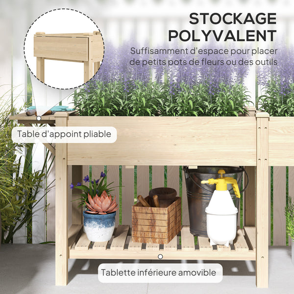 Jardinière sur pieds, carré potager de jardin sur pieds, 2 bacs avec séparateur, tablette pliable et étagère inférieure, potager surélevé en bois pour fleurs, 207 x 59 x 78 cm, bois naturel