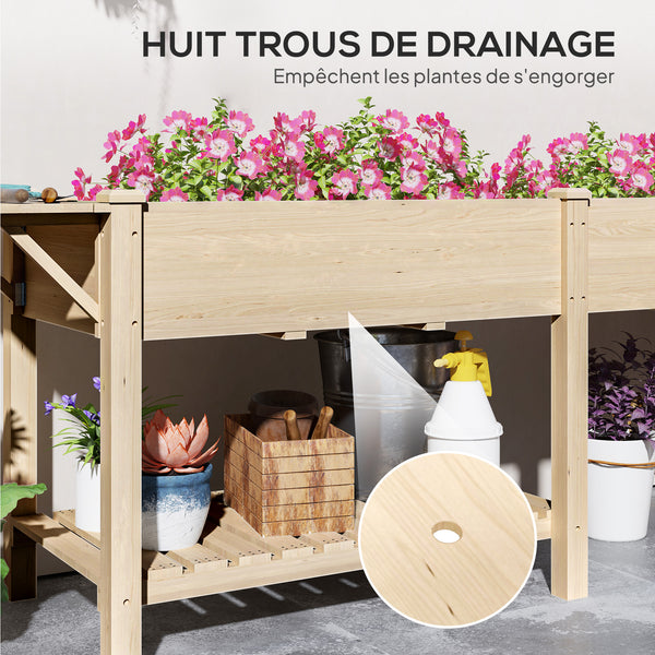 Jardinière sur pieds, carré potager de jardin sur pieds, 2 bacs avec séparateur, tablette pliable et étagère inférieure, potager surélevé en bois pour fleurs, 207 x 59 x 78 cm, bois naturel