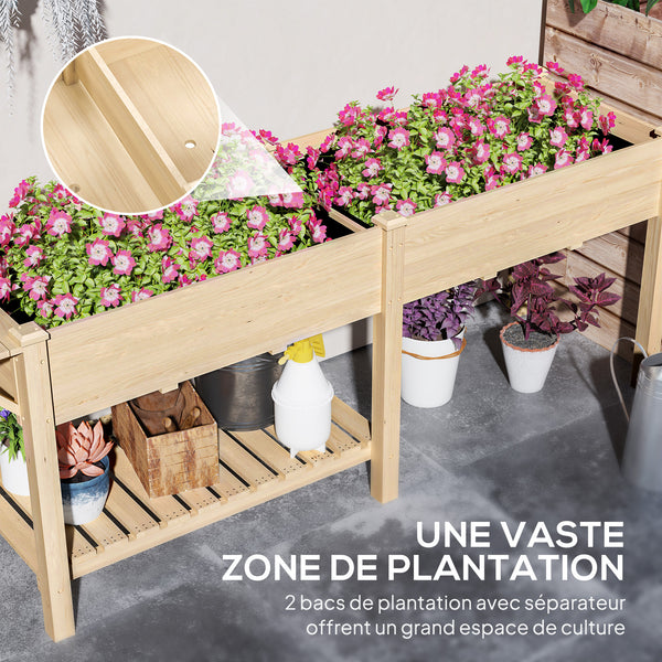 Jardinière sur pieds, carré potager de jardin sur pieds, 2 bacs avec séparateur, tablette pliable et étagère inférieure, potager surélevé en bois pour fleurs, 207 x 59 x 78 cm, bois naturel