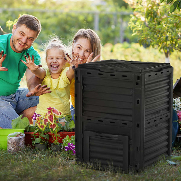 Composteur de jardin 300L, bac composteur pour jardin en polypropylène, 48 aérations, couvercle pratique et sécurisé, noir