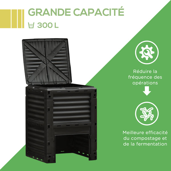 Composteur de jardin 300L, bac composteur pour jardin en polypropylène, 48 aérations, couvercle pratique et sécurisé, noir