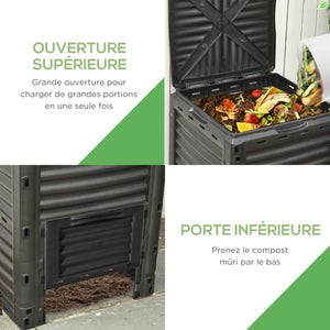 Composteur de jardin 300L, bac composteur pour jardin en polypropylène, 48 aérations, couvercle pratique et sécurisé, noir