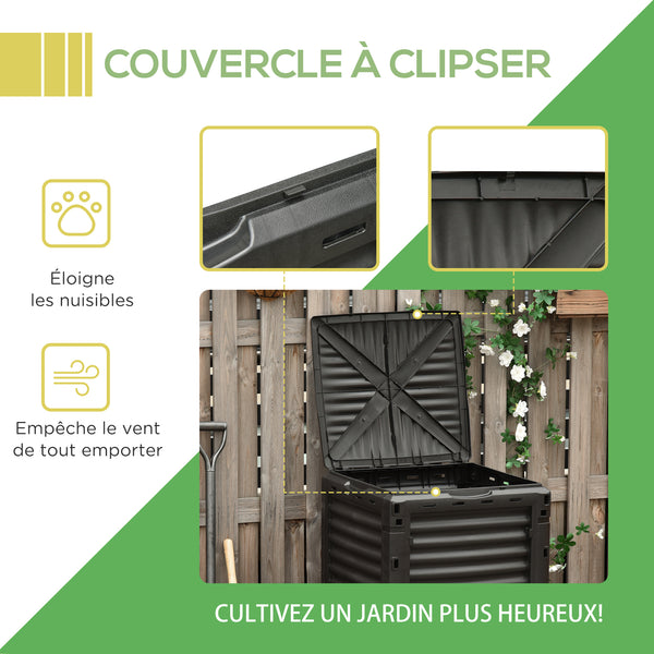 Composteur de jardin 300L, bac composteur pour jardin en polypropylène, 48 aérations, couvercle pratique et sécurisé, noir