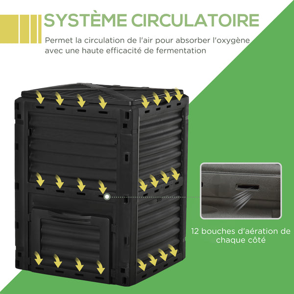 Composteur de jardin 300L, bac composteur pour jardin en polypropylène, 48 aérations, couvercle pratique et sécurisé, noir