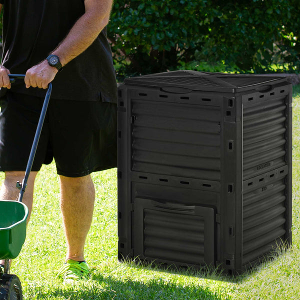 Composteur de jardin 300L, bac composteur pour jardin en polypropylène, 48 aérations, couvercle pratique et sécurisé, noir