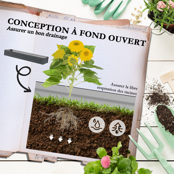 Carré potager rectangulaire, lit de jardin surélevé en acier galvanisé, fond ouvert, jardinière avec coins de protection, 240 x 60 x 30 cm, gris foncé