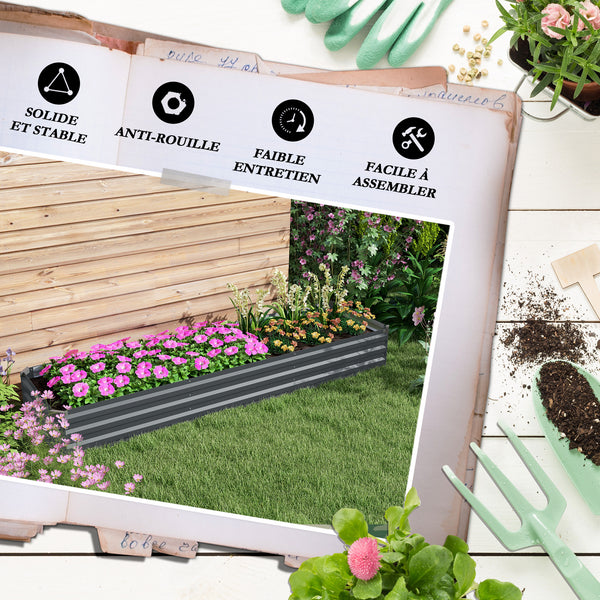 Carré potager rectangulaire, lit de jardin surélevé en acier galvanisé, fond ouvert, jardinière avec coins de protection, 240 x 60 x 30 cm, gris foncé