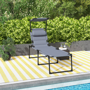Bain de soleil, chaise longue pliante avec pare-soleil, appuie-tête en tissu Oxford, transat jardin extérieur inclinable de plage camping piscine terrasse 70 x 200 x 45 cm gris