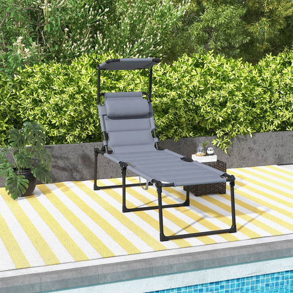 Bain de soleil, chaise longue pliante avec pare-soleil, appuie-tête en tissu Oxford, transat jardin extérieur inclinable de plage camping piscine terrasse 70 x 200 x 45 cm gris
