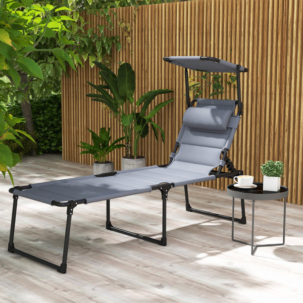 Bain de soleil, chaise longue pliante avec pare-soleil, appuie-tête en tissu Oxford, transat jardin extérieur inclinable de plage camping piscine terrasse 70 x 200 x 45 cm gris