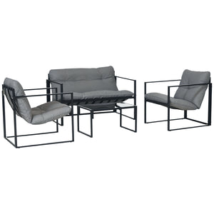 Salon de jardin 4 pièces 4 personnes avec canapé 2 places, 2 fauteuils et 1 table basse 3 coussins pour terrasse Jardin - acier noir polyester gris