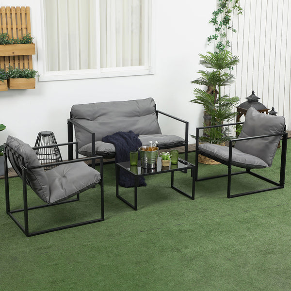 Salon de jardin 4 pièces 4 personnes avec canapé 2 places, 2 fauteuils et 1 table basse 3 coussins pour terrasse Jardin - acier noir polyester gris