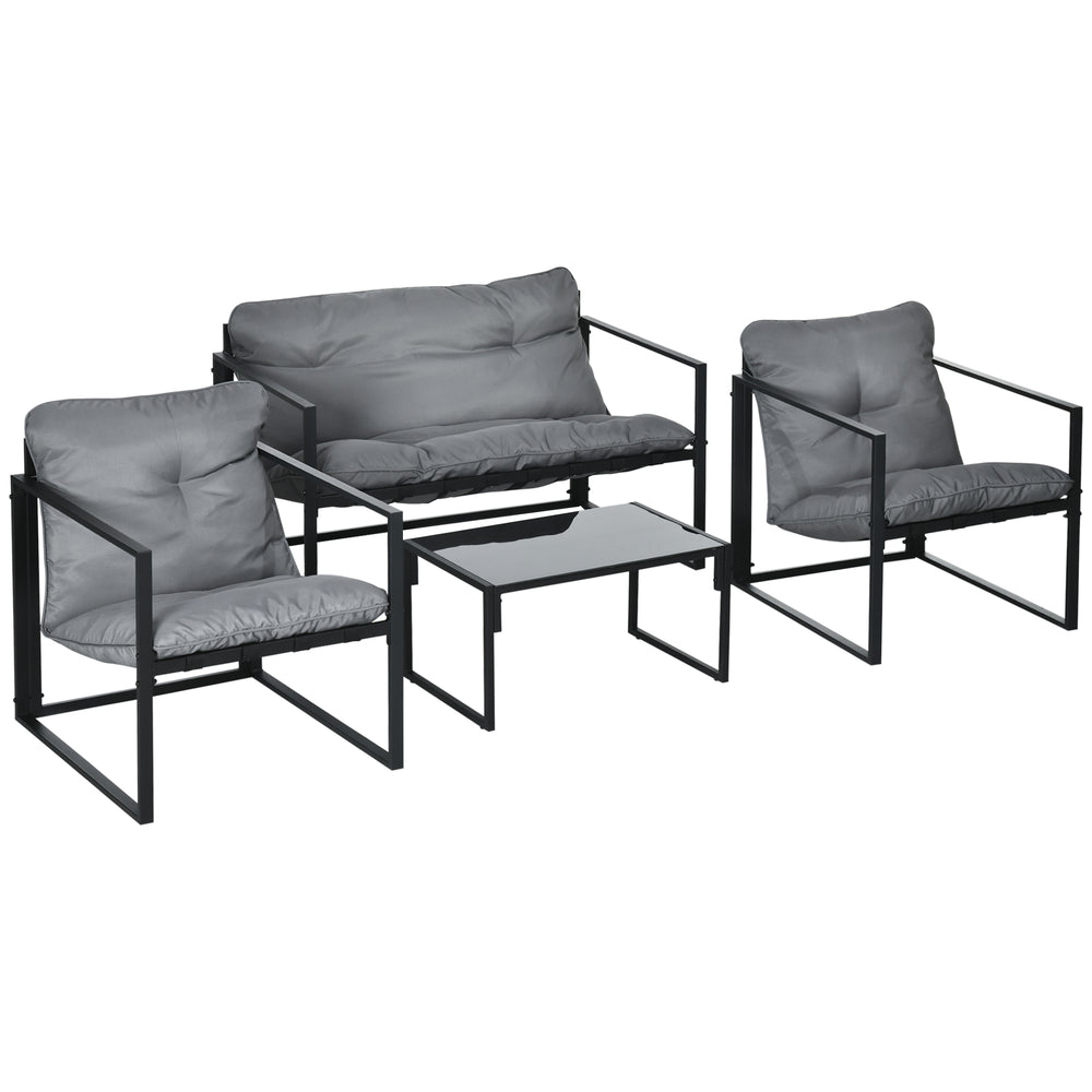 Salon de jardin 4 pièces 4 personnes avec canapé 2 places, 2 fauteuils et 1 table basse 3 coussins pour terrasse Jardin - acier noir polyester gris