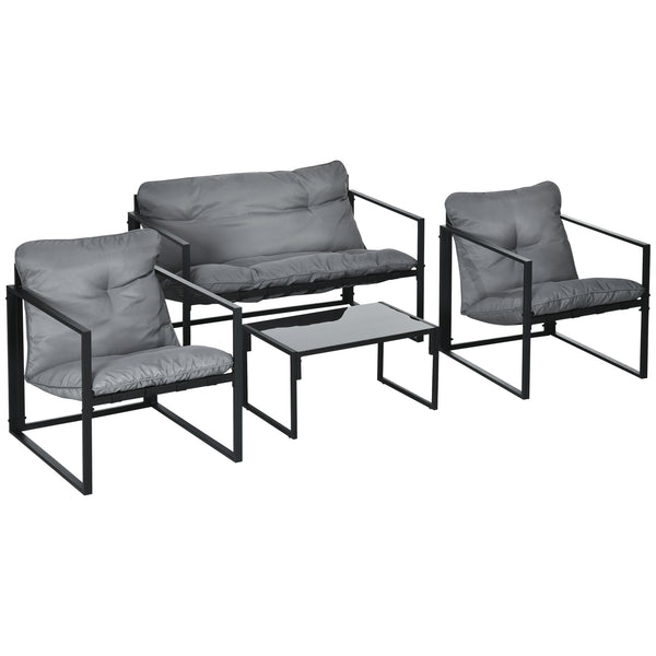 Salon de jardin 4 pièces 4 personnes avec canapé 2 places, 2 fauteuils et 1 table basse 3 coussins pour terrasse Jardin - acier noir polyester gris