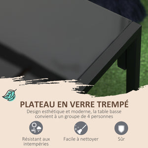 Salon de jardin 4 pièces 4 personnes avec canapé 2 places, 2 fauteuils et 1 table basse 3 coussins pour terrasse Jardin - acier noir polyester gris