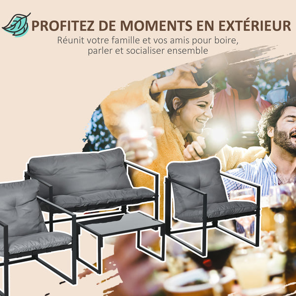 Salon de jardin 4 pièces 4 personnes avec canapé 2 places, 2 fauteuils et 1 table basse 3 coussins pour terrasse Jardin - acier noir polyester gris
