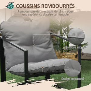 Salon de jardin 4 pièces 4 personnes avec canapé 2 places, 2 fauteuils et 1 table basse 3 coussins pour terrasse Jardin - acier noir polyester gris