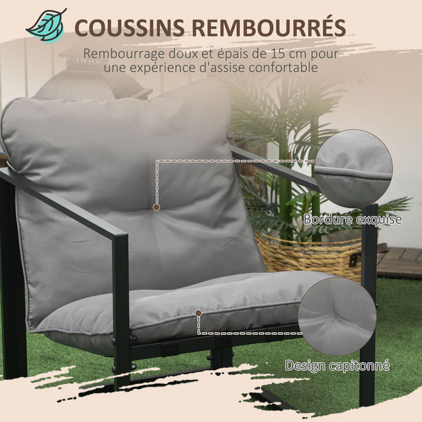 Salon de jardin 4 pièces 4 personnes avec canapé 2 places, 2 fauteuils et 1 table basse 3 coussins pour terrasse Jardin - acier noir polyester gris