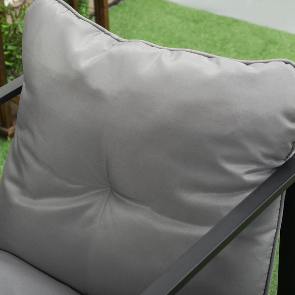 Salon de jardin 4 pièces 4 personnes avec canapé 2 places, 2 fauteuils et 1 table basse 3 coussins pour terrasse Jardin - acier noir polyester gris