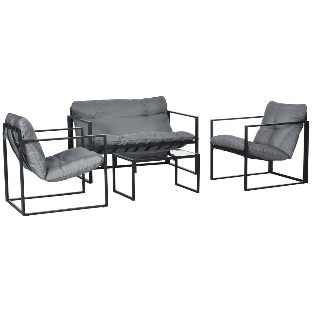 Salon de jardin 4 pièces 4 personnes avec canapé 2 places, 2 fauteuils et 1 table basse 3 coussins pour terrasse Jardin - acier noir polyester gris