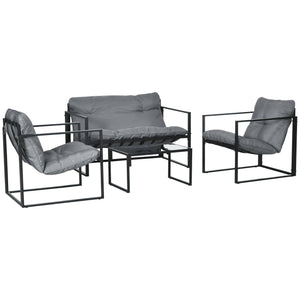Salon de jardin 4 pièces 4 personnes avec canapé 2 places, 2 fauteuils et 1 table basse 3 coussins pour terrasse Jardin - acier noir polyester gris