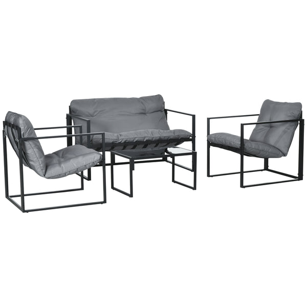Salon de jardin 4 pièces 4 personnes avec canapé 2 places, 2 fauteuils et 1 table basse 3 coussins pour terrasse Jardin - acier noir polyester gris