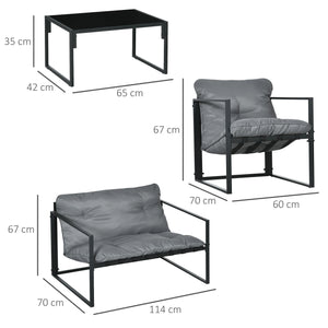 Salon de jardin 4 pièces 4 personnes avec canapé 2 places, 2 fauteuils et 1 table basse 3 coussins pour terrasse Jardin - acier noir polyester gris