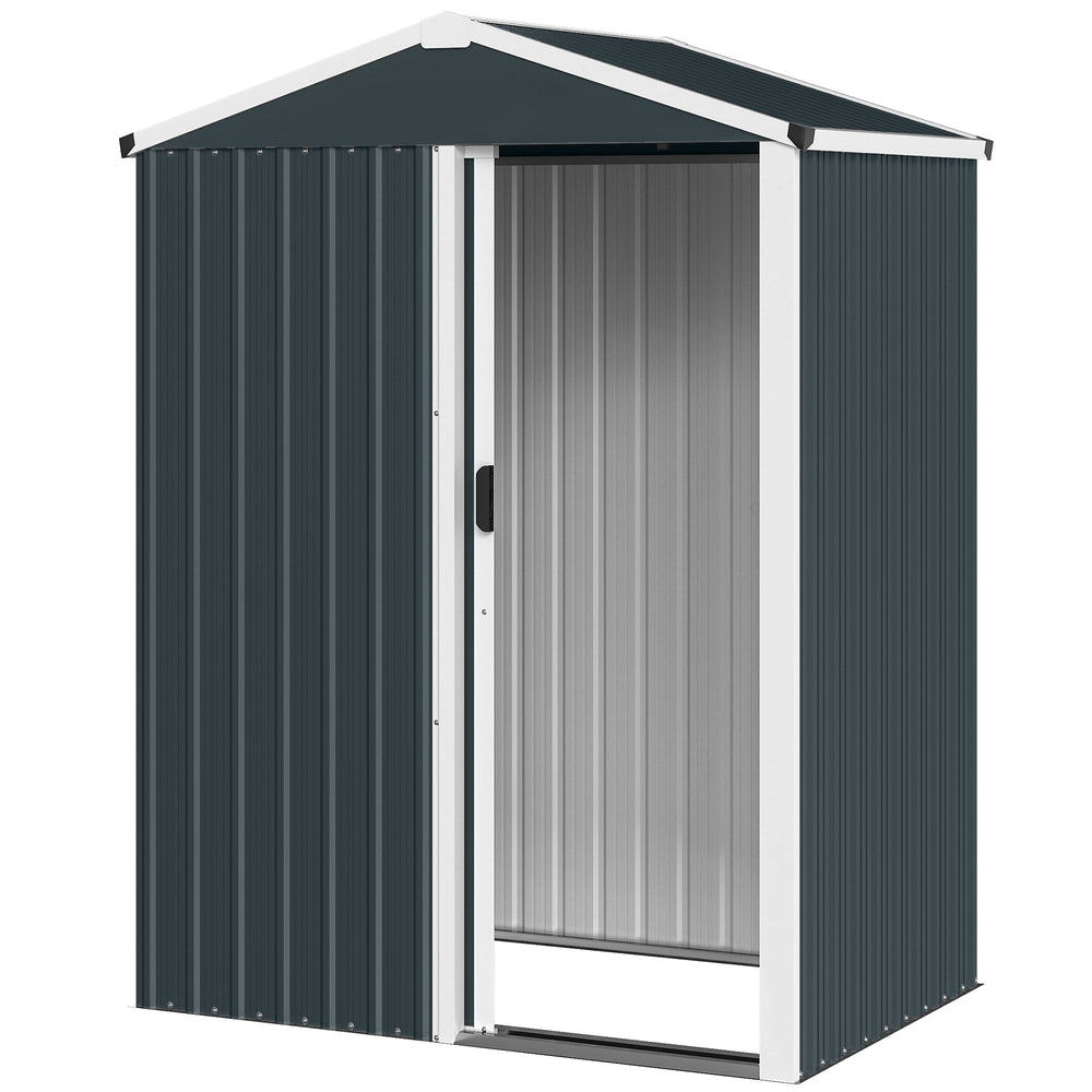 Abri de jardin en métal, cabane de jardin extérieure 136 x 87 x 179 cm, porte coulissante verrouillable, toit pointu et gants, cabanon rangement outils en acier galvanisé, gris foncé
