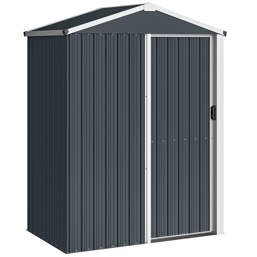 Abri de jardin en métal, cabane de jardin extérieure 136 x 87 x 179 cm, porte coulissante verrouillable, toit pointu et gants, cabanon rangement outils en acier galvanisé, gris foncé
