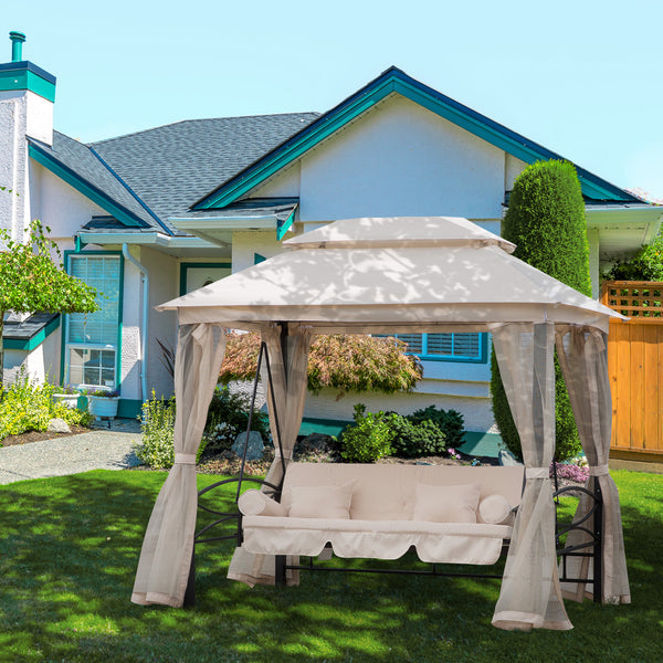 Balancelle de Jardin 3 Places Convertible Style Colonial Grand Confort 2 Coussins + Matelas + moustiquaires Inclus Noir Beige