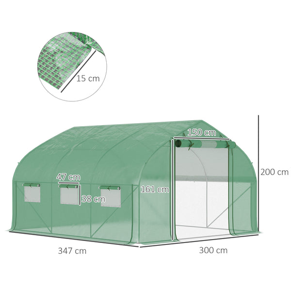 Serre de jardin tunnel, 10,4 m², serre de jardin, anti-UV, porte zippée enroulable, fenêtres en maille, tube d'acier galvanisé et PE 140g/㎡, 350 x 300 x 200 cm, vert