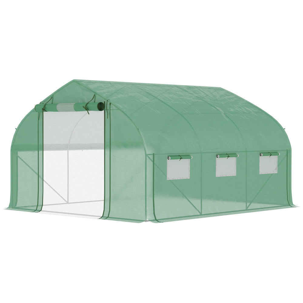 Serre de jardin tunnel, 10,4 m², serre de jardin, anti-UV, porte zippée enroulable, fenêtres en maille, tube d'acier galvanisé et PE 140g/㎡, 350 x 300 x 200 cm, vert