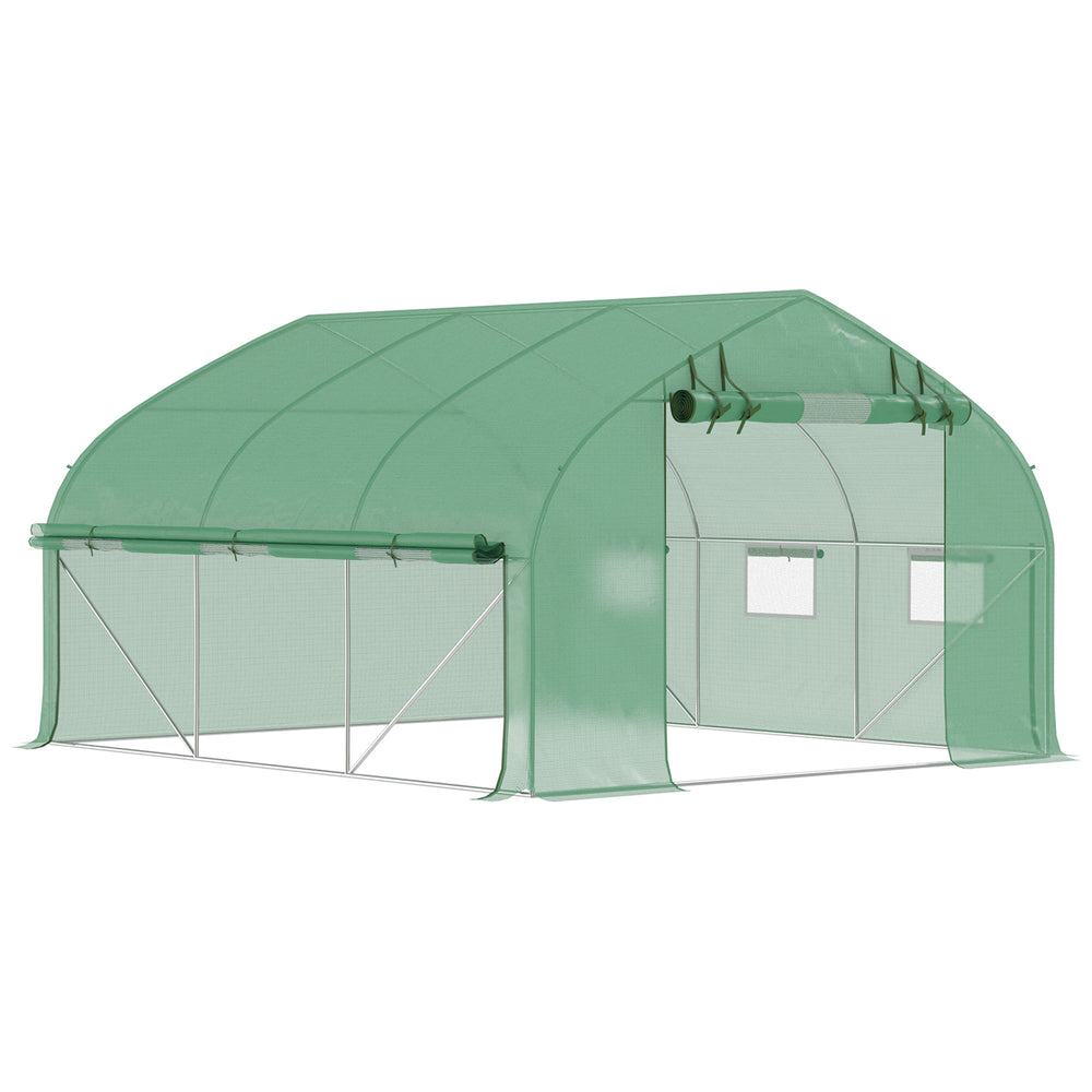 Serre de jardin tunnel, 10,4 m², serre de jardin, anti-UV, porte zippée enroulable, fenêtres en maille, tube d'acier galvanisé et PE 140g/㎡, 350 x 300 x 200 cm, vert