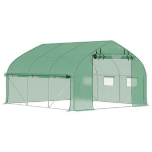 Serre de jardin tunnel, 10,4 m², serre de jardin, anti-UV, porte zippée enroulable, fenêtres en maille, tube d'acier galvanisé et PE 140g/㎡, 350 x 300 x 200 cm, vert